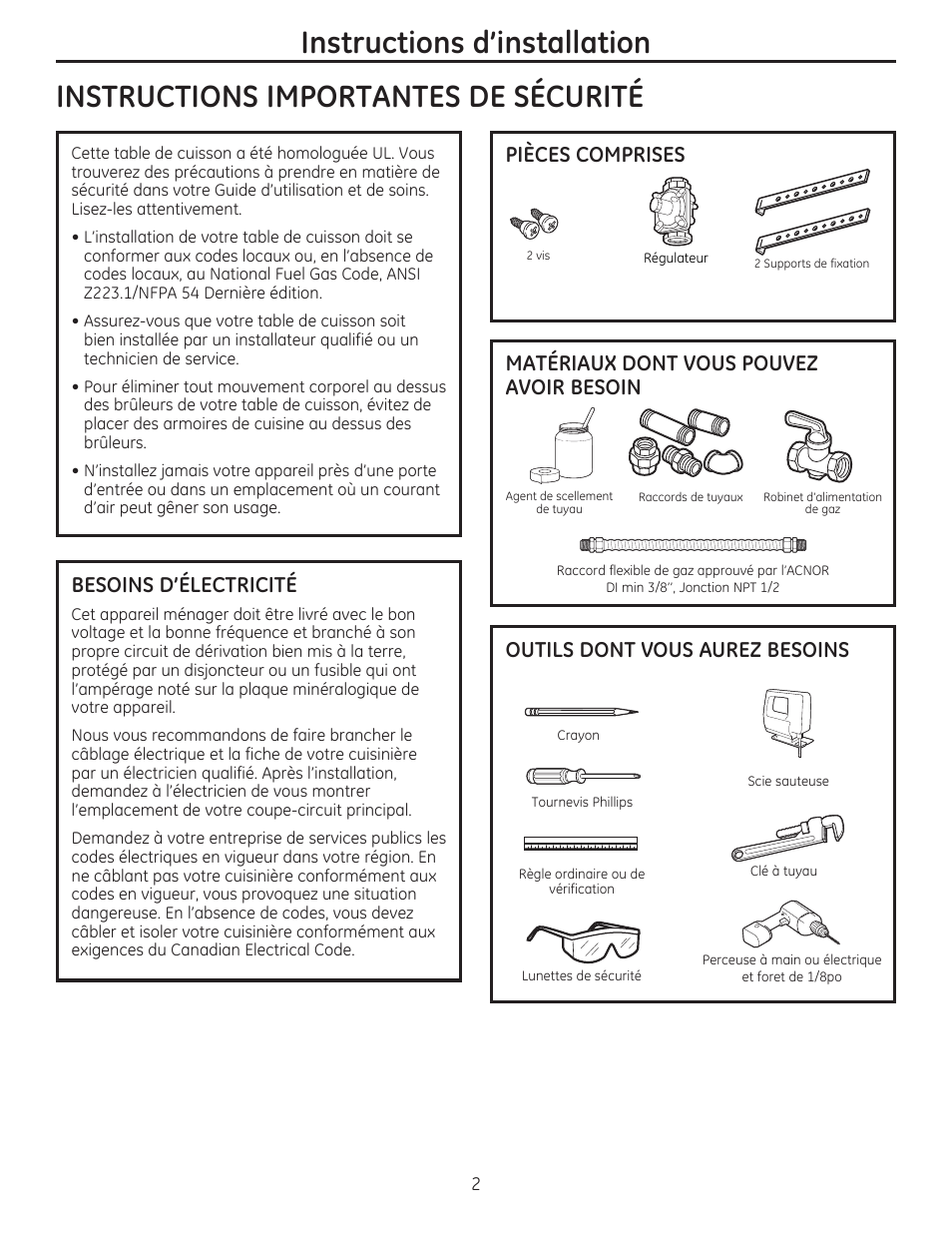 Instructions importantes de securite, Besoins d'electricite, Materiaux dont vous pouvez avoir besoin | Instructions d'installation | GE PGP959SETSS User Manual | Page 18 / 48