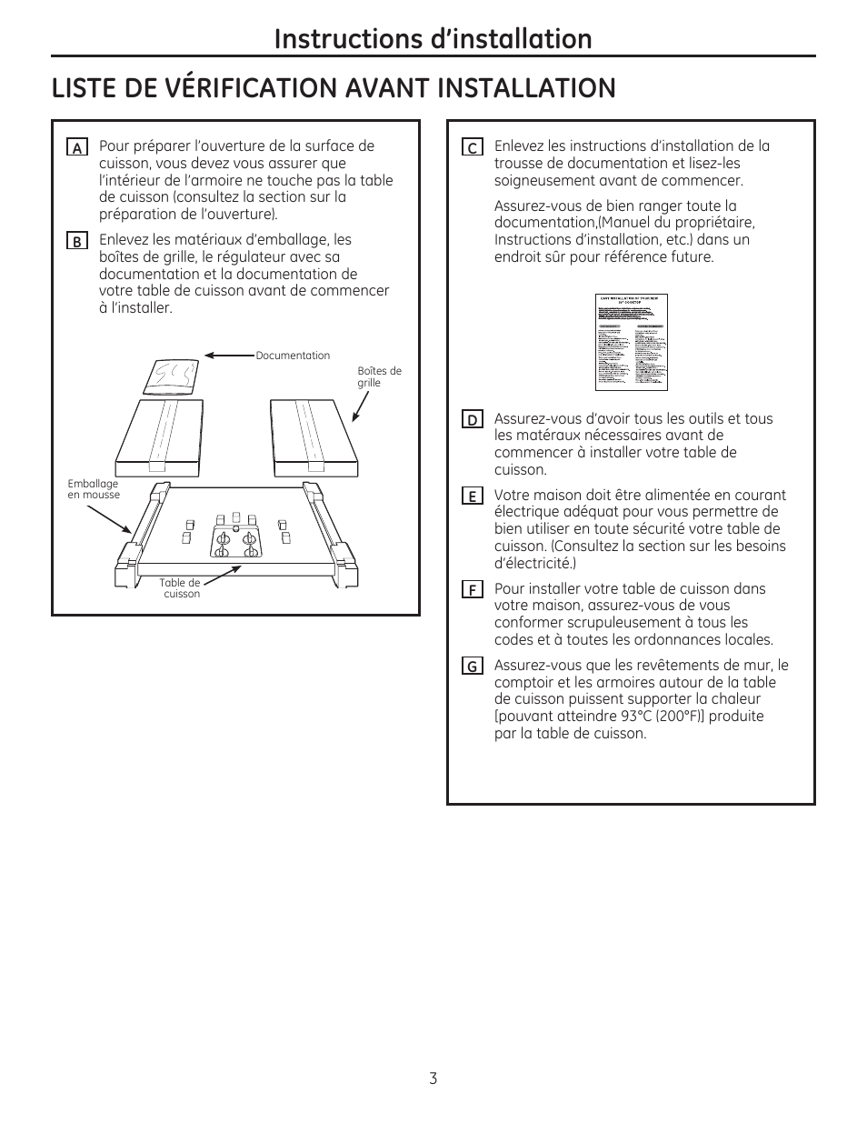 Liste de verification avant installation, Instructions d'installation | GE PGP959SETSS User Manual | Page 19 / 48