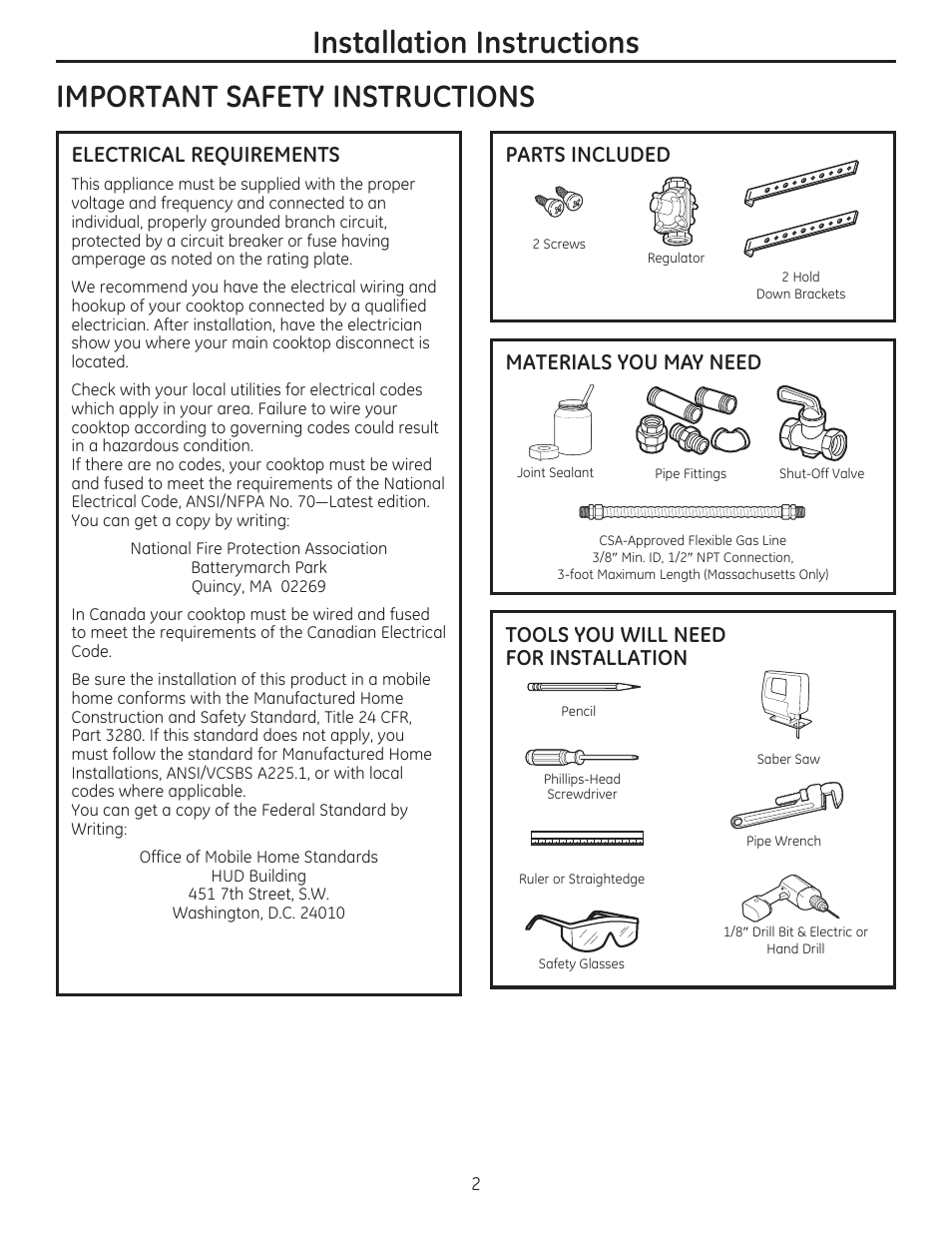 Important safety instructions, Electrical requirements, Materials you may need | Installation instructions | GE PGP959SETSS User Manual | Page 2 / 48