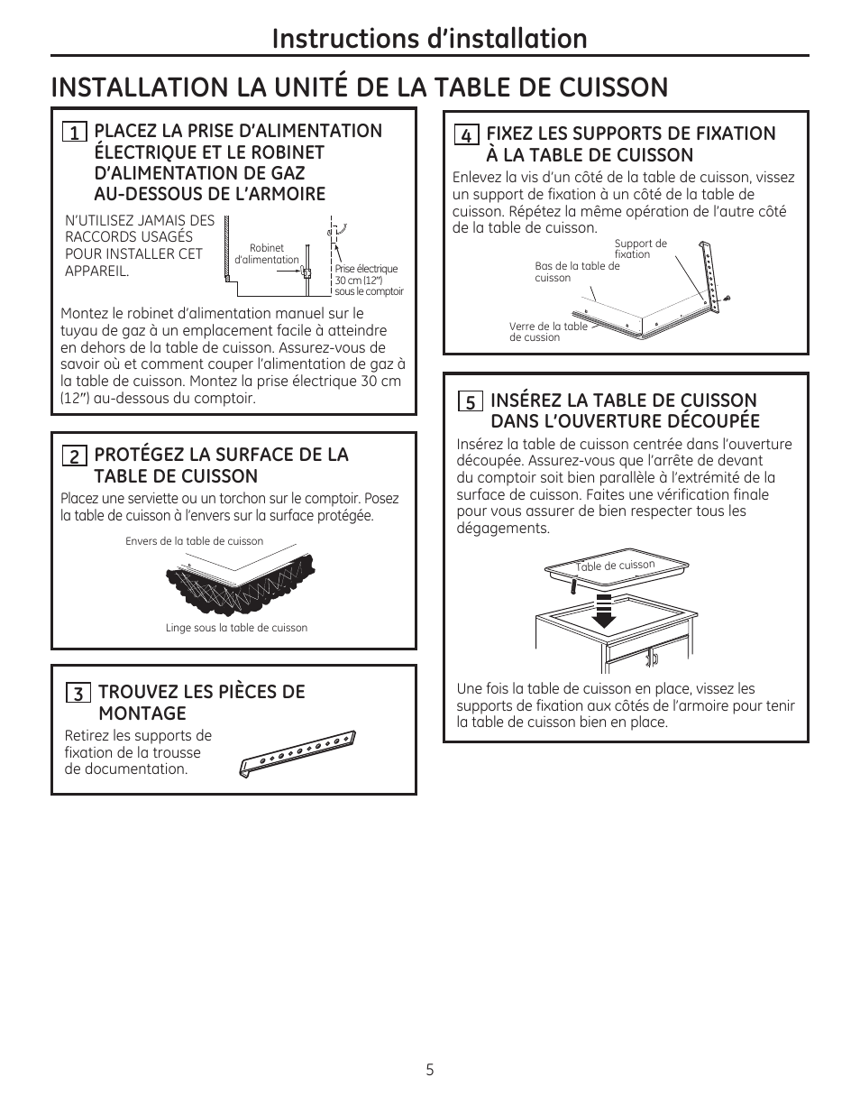 Installation la unite de la table de cuisson, Instructions d'installation | GE PGP959SETSS User Manual | Page 21 / 48