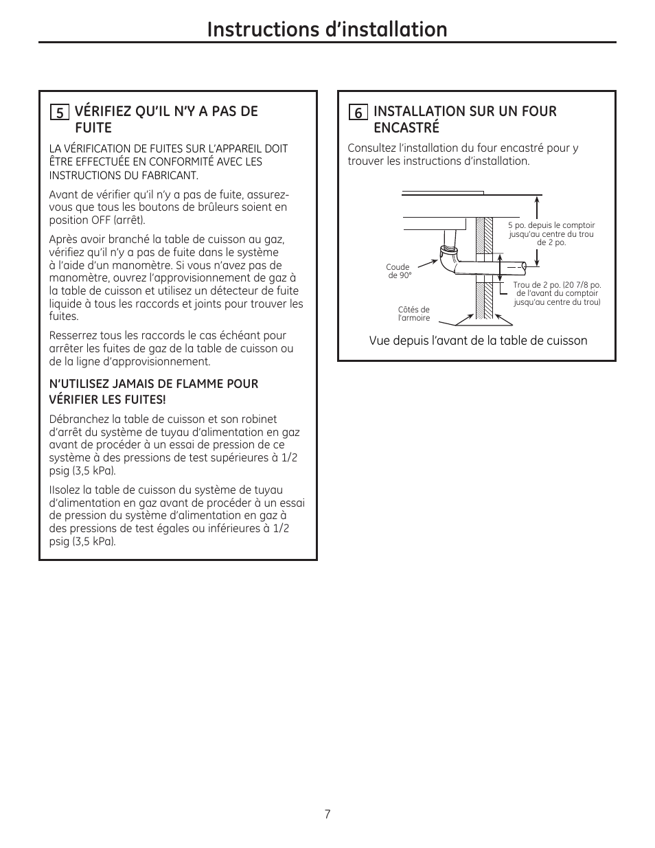 H vérifiez qu'il n'y a pas de fuite, H installation sur un four encastré, Instructions d'installation | GE PGP959SETSS User Manual | Page 23 / 48