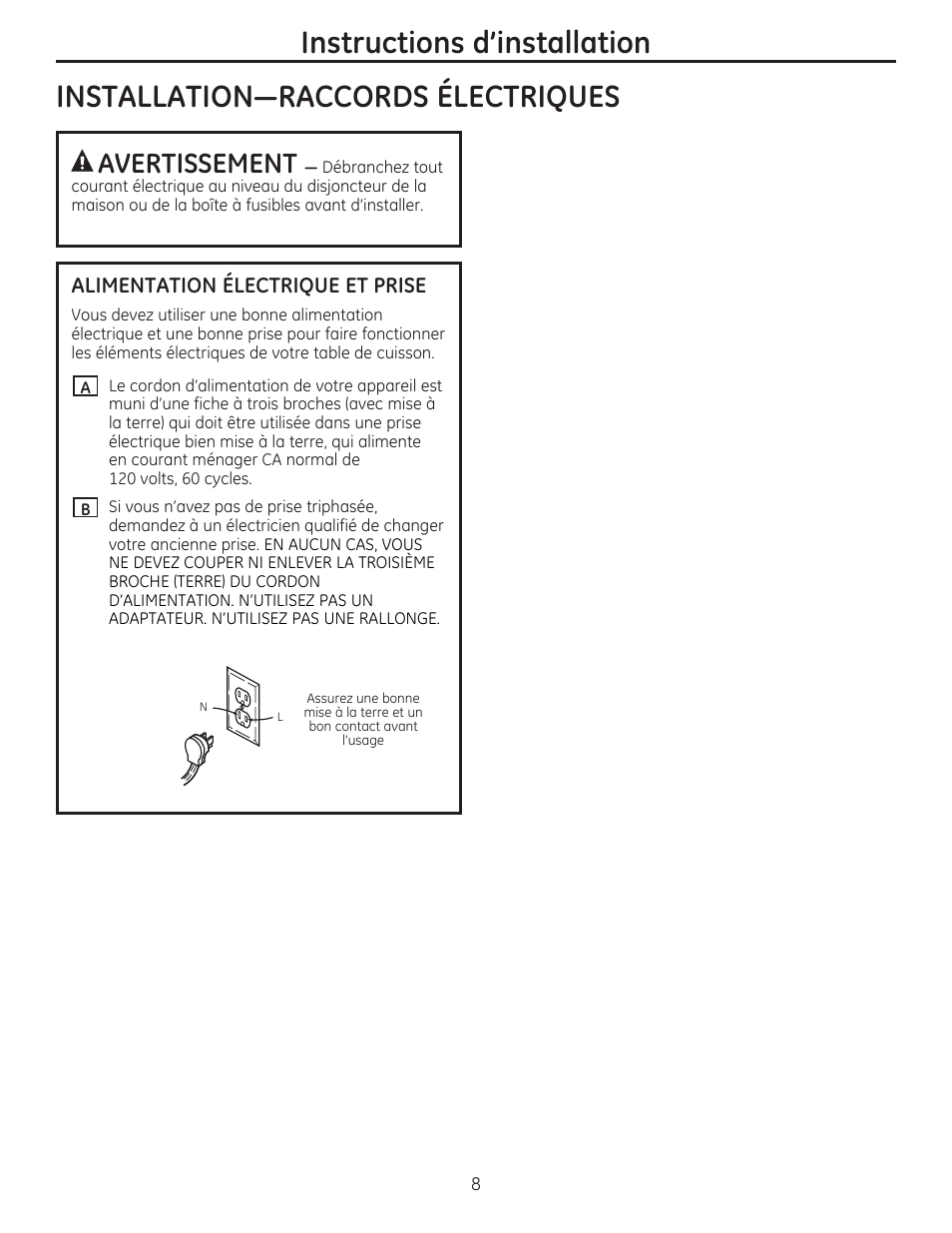 Alimentation electrique et prise, Instructions d'installation, Installation-raccords electriques | Vertissement | GE PGP959SETSS User Manual | Page 24 / 48