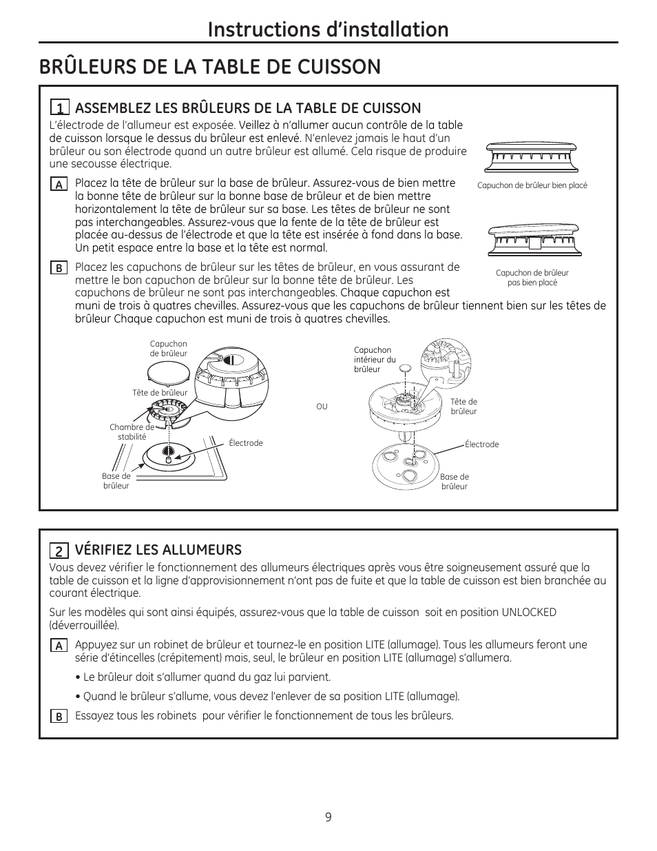 Bruleurs de la table de cuisson, Ü assemblez les brûleurs de la table de cuisson, 2] vérifiez les allumeurs | Instructions d'installation | GE PGP959SETSS User Manual | Page 25 / 48