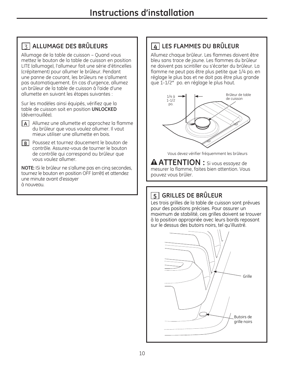 X\ allumage des brûleurs, H les flammes du brûleur, H grilles de brûleur | Instructions d'installation, A attention | GE PGP959SETSS User Manual | Page 26 / 48