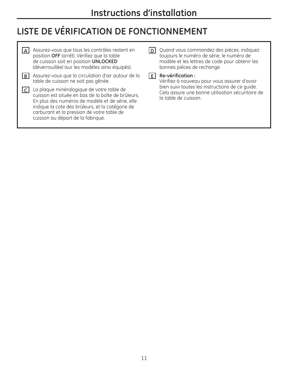 Liste de verification de fonctionnement, Instructions d'installation | GE PGP959SETSS User Manual | Page 27 / 48
