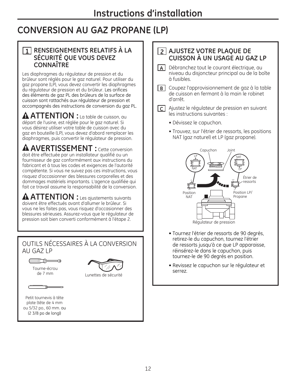 Conversion au gaz propane (lp), Instructions d'installation, A avertissement i | Aattention, Outils necessaires a la conversion au gaz lp | GE PGP959SETSS User Manual | Page 28 / 48