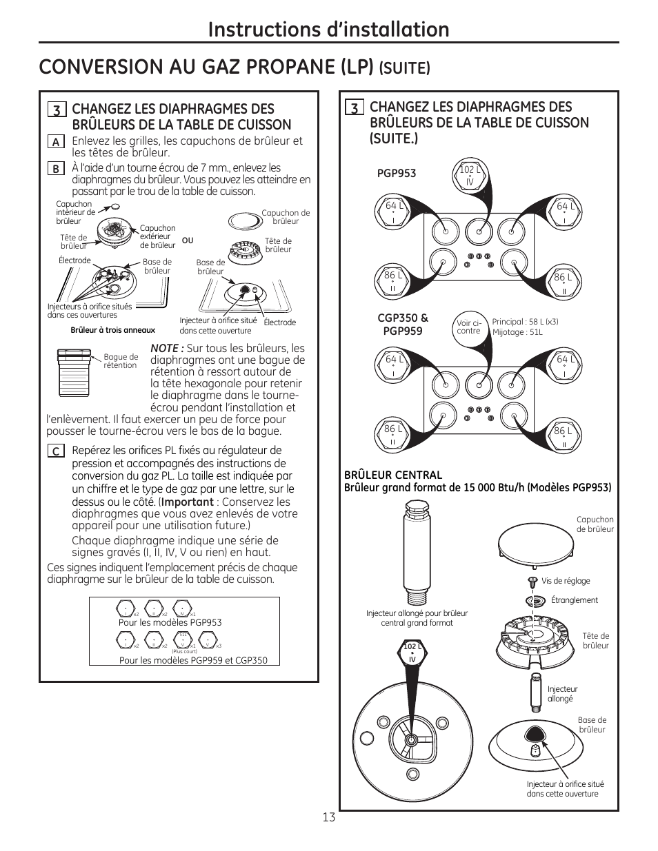 Conversion au gaz propane (lp) (suite), Instructions d'installation, Conversion au gaz propane (lp) | Suite) | GE PGP959SETSS User Manual | Page 29 / 48