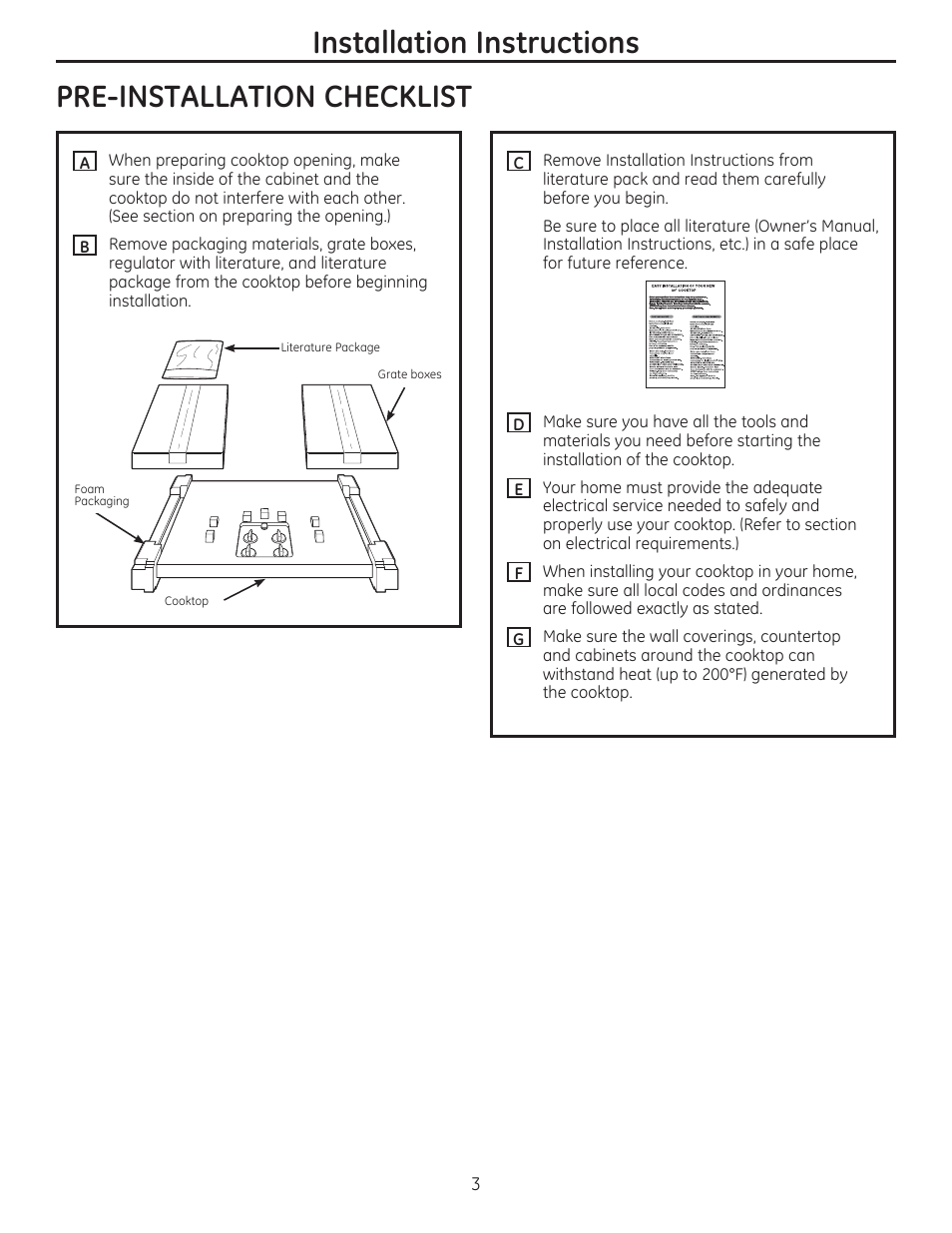 Pre-installation checklist, Installation instructions | GE PGP959SETSS User Manual | Page 3 / 48