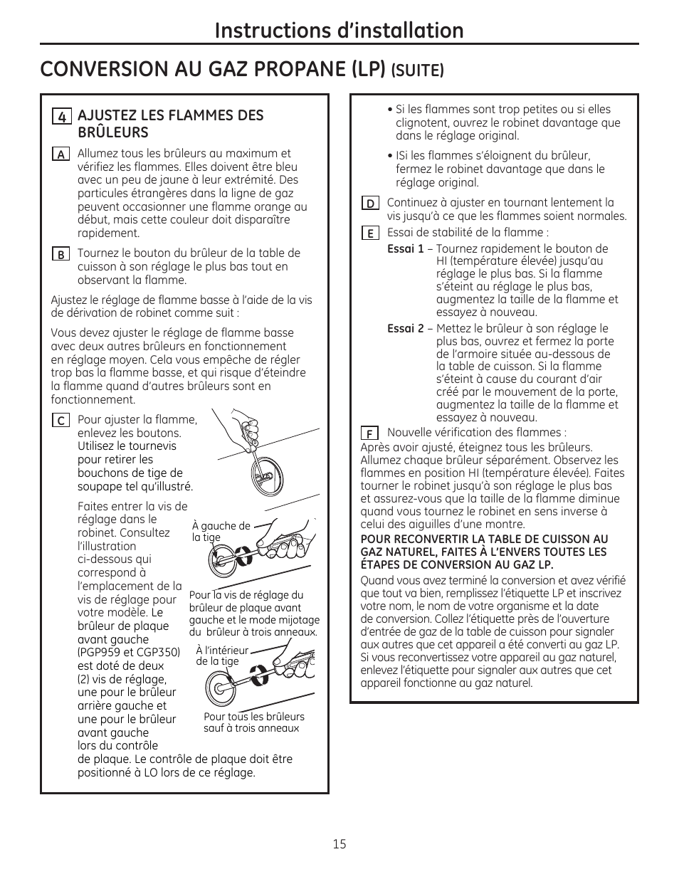 Conversion au gaz propane (lp) (suite), H ajustez les flammes des brûleurs, Instructions d'installation | Conversion au gaz propane (lp), Suite) | GE PGP959SETSS User Manual | Page 31 / 48