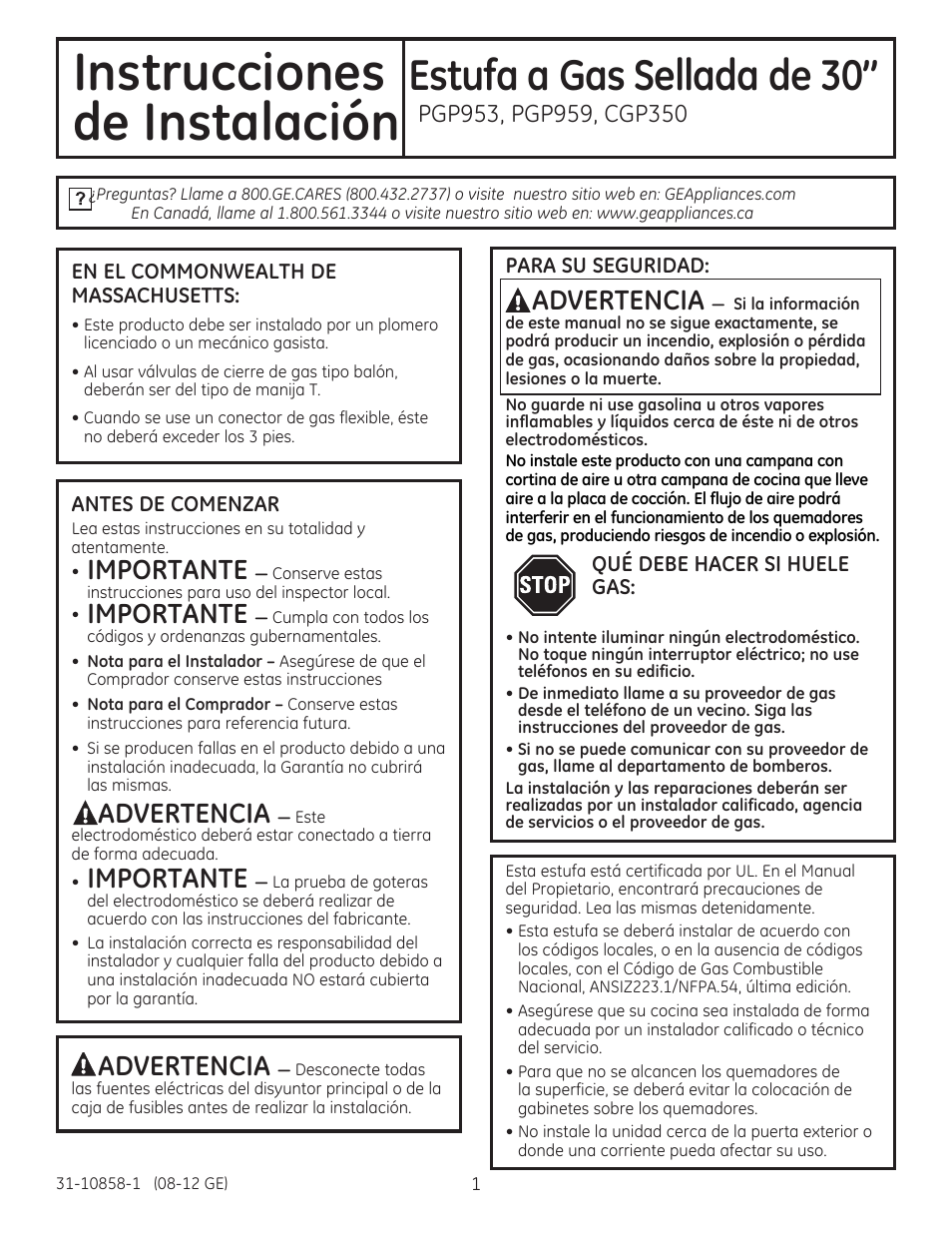 Instrucciones de instalación, En el commonwealth de, Massachusetts | Antes de comenzar, Para su seguridad, Qué debe hacer si huele gas, Estufa a gas sellada de 30, Importante, Aadvertencia, Advertencia | GE PGP959SETSS User Manual | Page 33 / 48