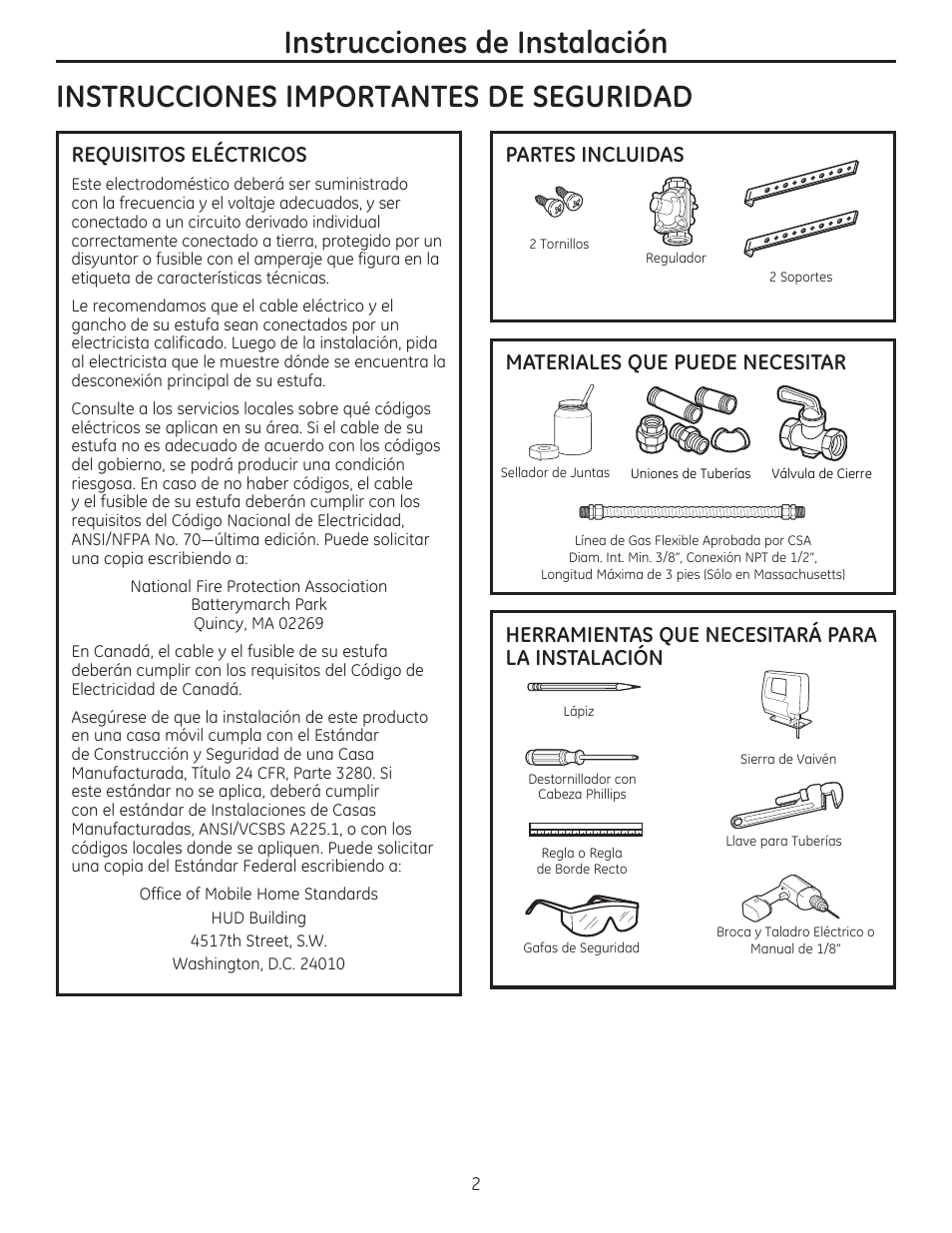 Instrucciones importantes de seguridad, Requisitos electricos, Materiales que puede necesitar | Herramientas que necesitara para la instalación, Instrucciones de instalación | GE PGP959SETSS User Manual | Page 34 / 48