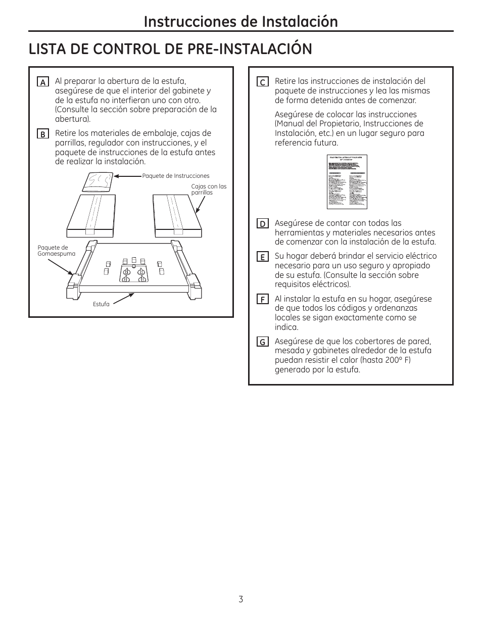 Lista de control de pre-instalacion, Instrucciones de instalación | GE PGP959SETSS User Manual | Page 35 / 48