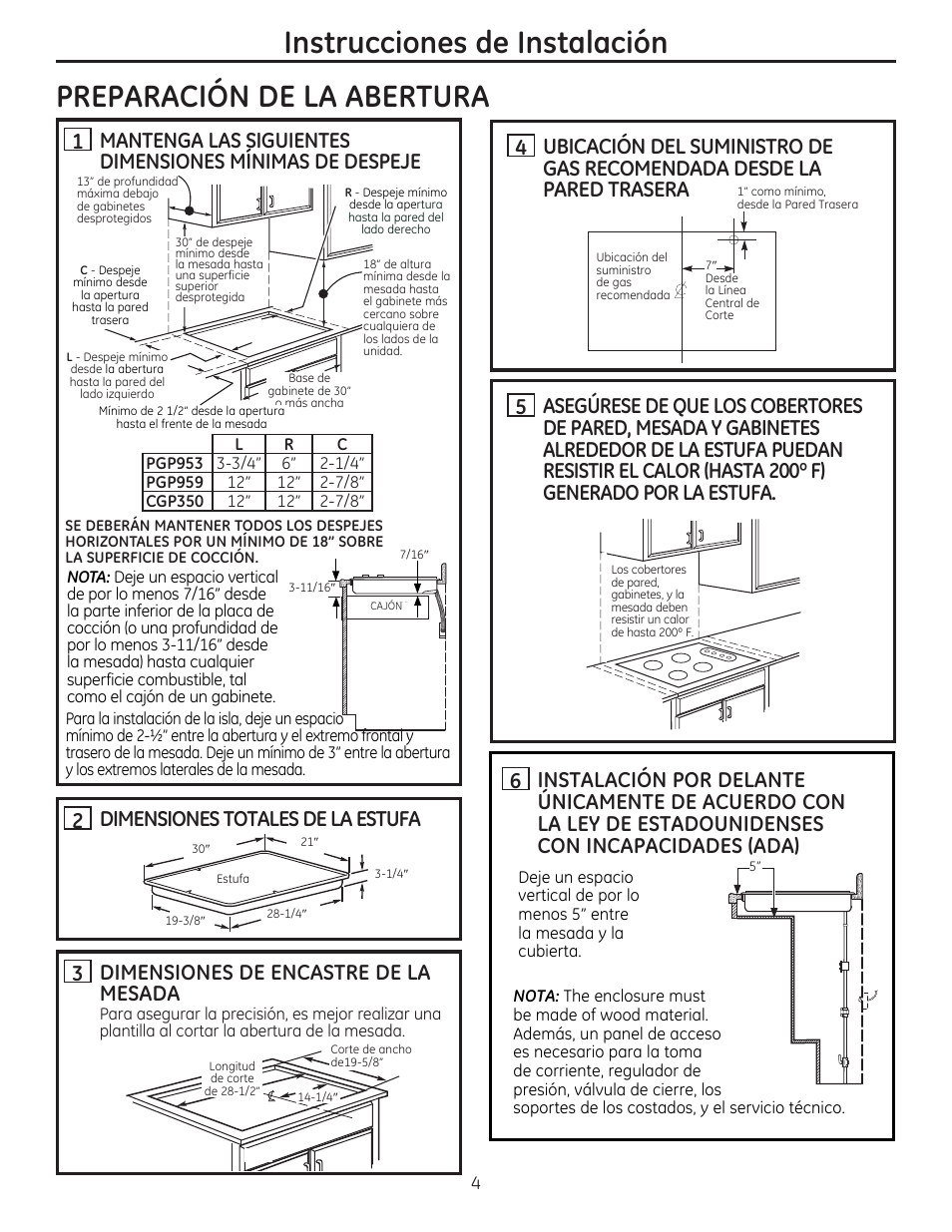 Preparacion de la abertura, Instrucciones de instalación | GE PGP959SETSS User Manual | Page 36 / 48