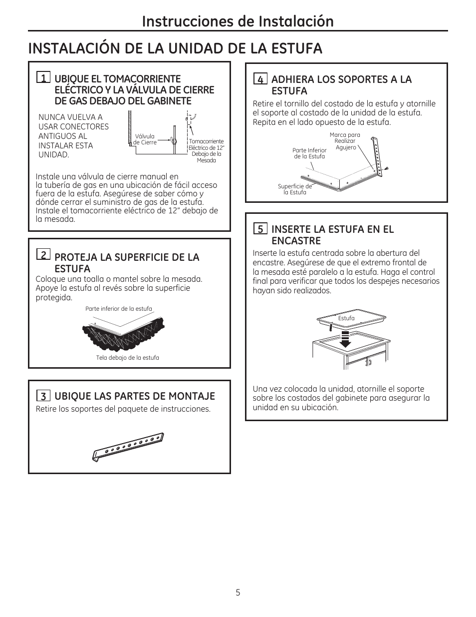 Instalacion de la unidad de la estufa, Ü ubique el tomacorriente, H proteja la superficie de la estufa | H ubique las partes de montaje, H adhiera los soportes a la estufa, H inserte la estufa en el encastre, Instrucciones de instalación | GE PGP959SETSS User Manual | Page 37 / 48