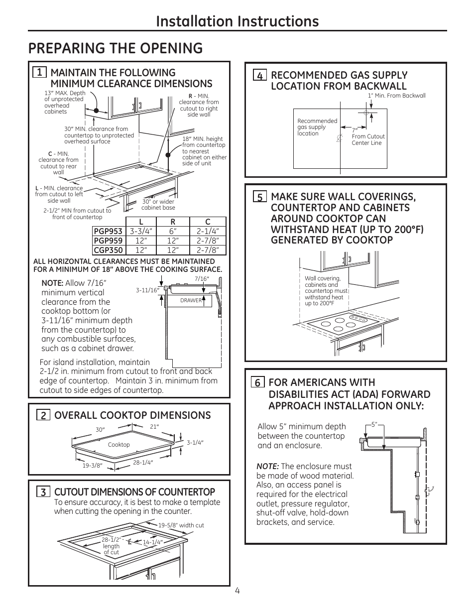 Preparing the opening, Installation instructions | GE PGP959SETSS User Manual | Page 4 / 48