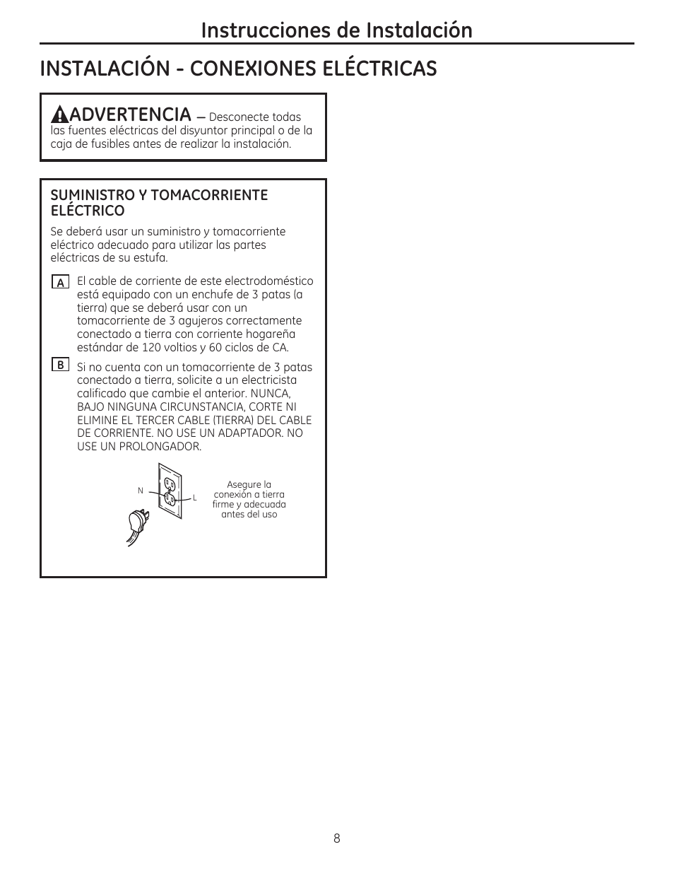 Instalacion - conexiones electricas, Suministro y tomacorriente eléctrico, Instrucciones de instalación | Instalacion - conexiones electricas a, Advertencia | GE PGP959SETSS User Manual | Page 40 / 48