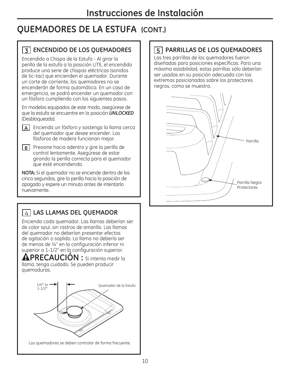 Quemadores de la estufa (cont.), J£\ encendido de los quemadores, Las llamas del quemador | H parrillas de los quemadores, Instrucciones de instalación, Quemadores de la estufa, Precaución, Cont.) | GE PGP959SETSS User Manual | Page 42 / 48