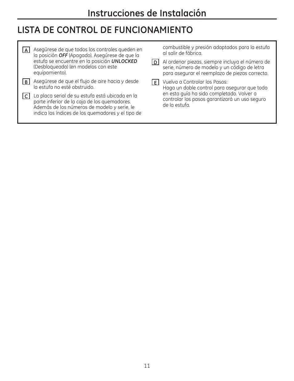 Lista de control de funcionamiento, Instrucciones de instalación | GE PGP959SETSS User Manual | Page 43 / 48