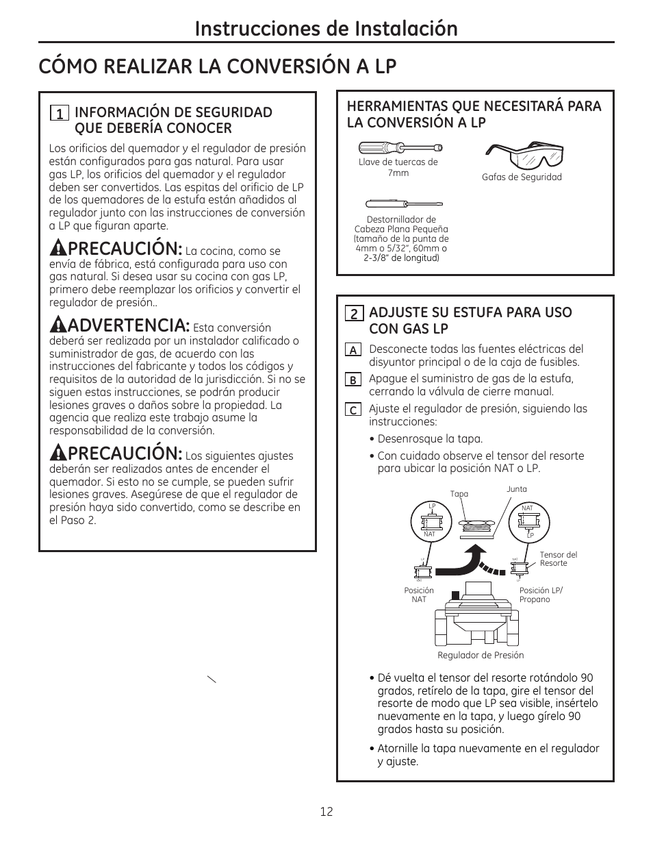 Como realizar la conversion a lp, It] información de seguridad que debería conocer, Ti adjuste su estufa para uso con gas lp | Instrucciones de instalación, Aprecaución, Aadvertencia | GE PGP959SETSS User Manual | Page 44 / 48