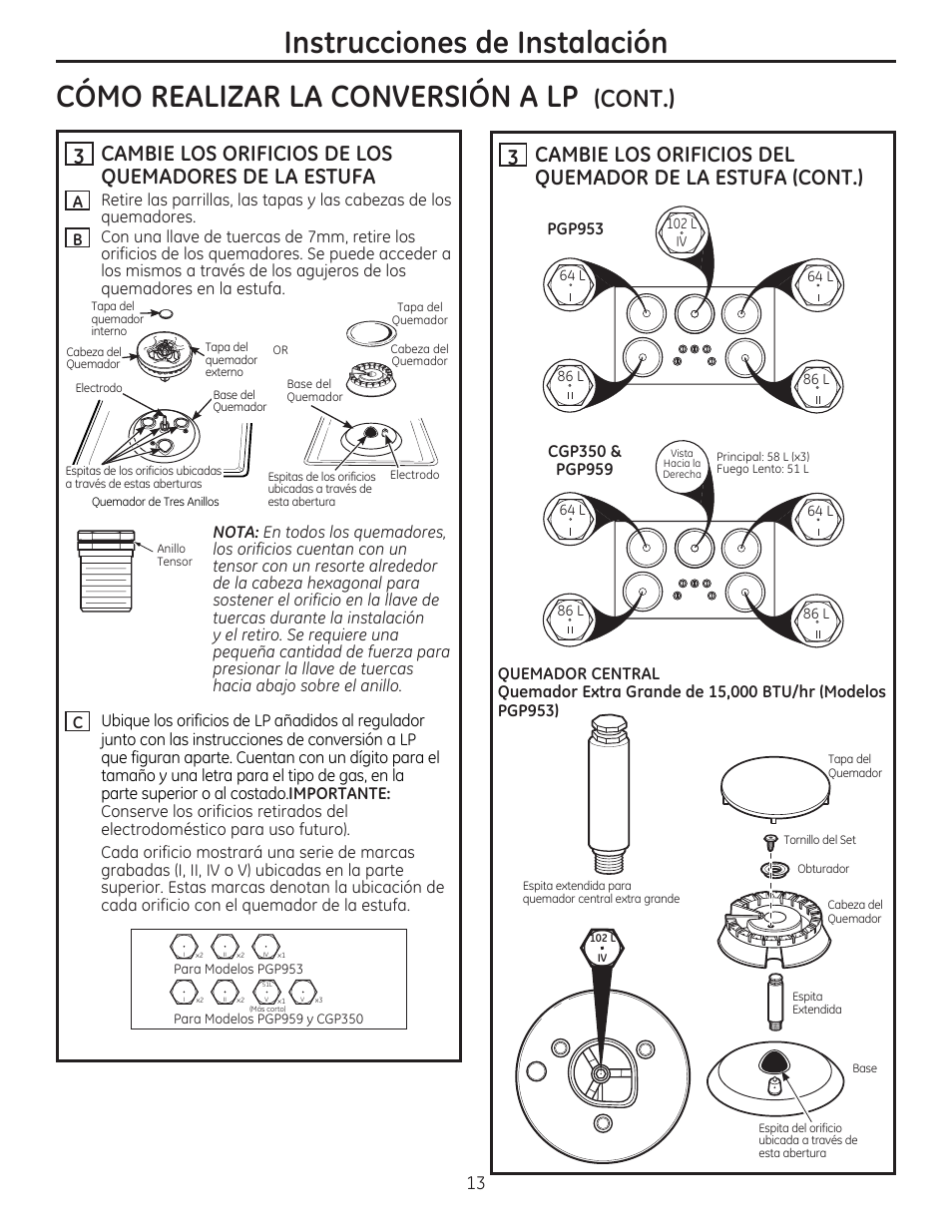 Como realizar la conversion a lp (cont.), Щ cambie los orificios del, Quemador de la estufa (cont.) | Instrucciones de instalación, Como realizar la conversion a lp, Cont.) | GE PGP959SETSS User Manual | Page 45 / 48