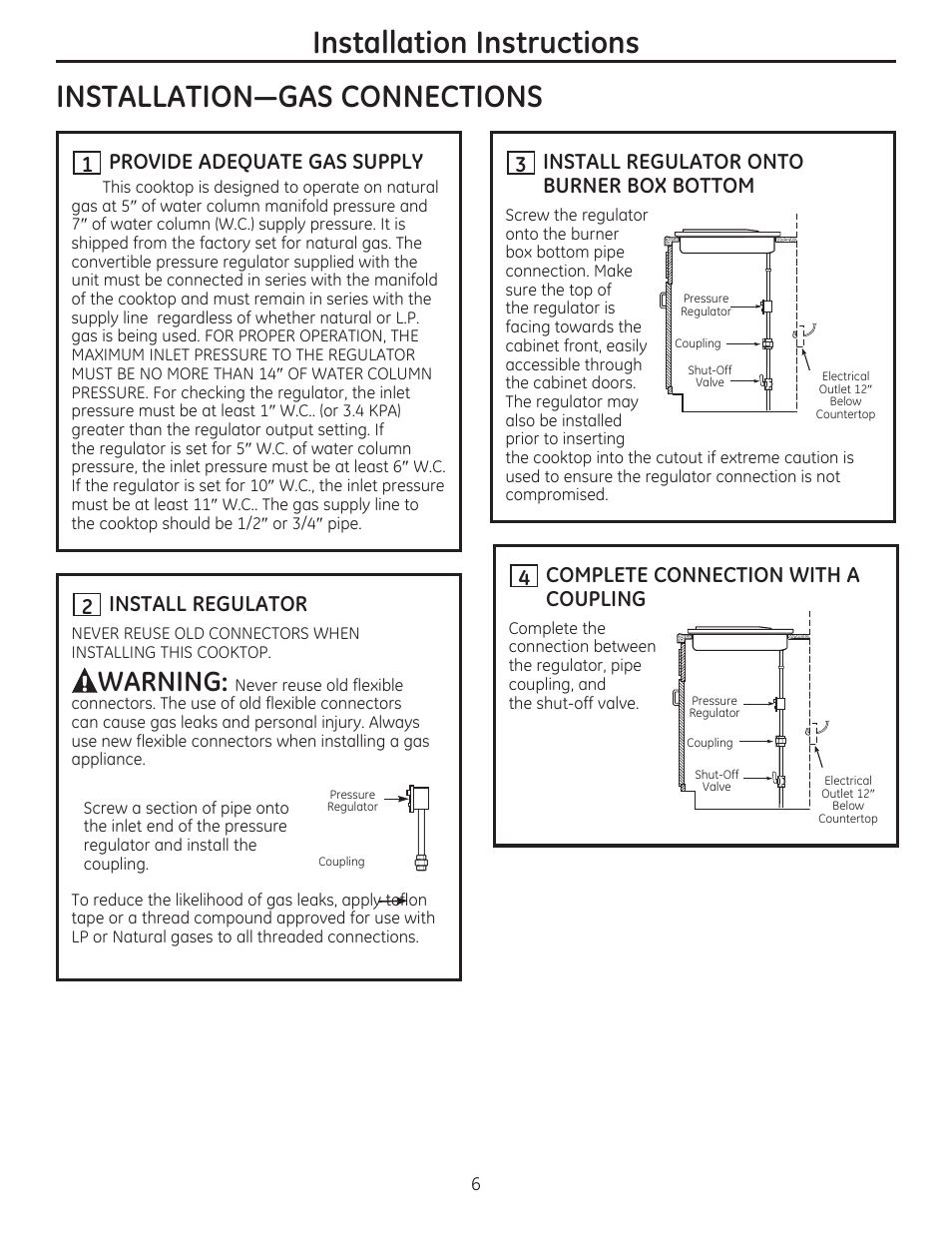 Installation-gas connections, It] provide adequate gas supply, It install regulator | T install regulator onto burner box bottom, T complete connection with a coupling, Installation instructions, Awarning | GE PGP959SETSS User Manual | Page 6 / 48