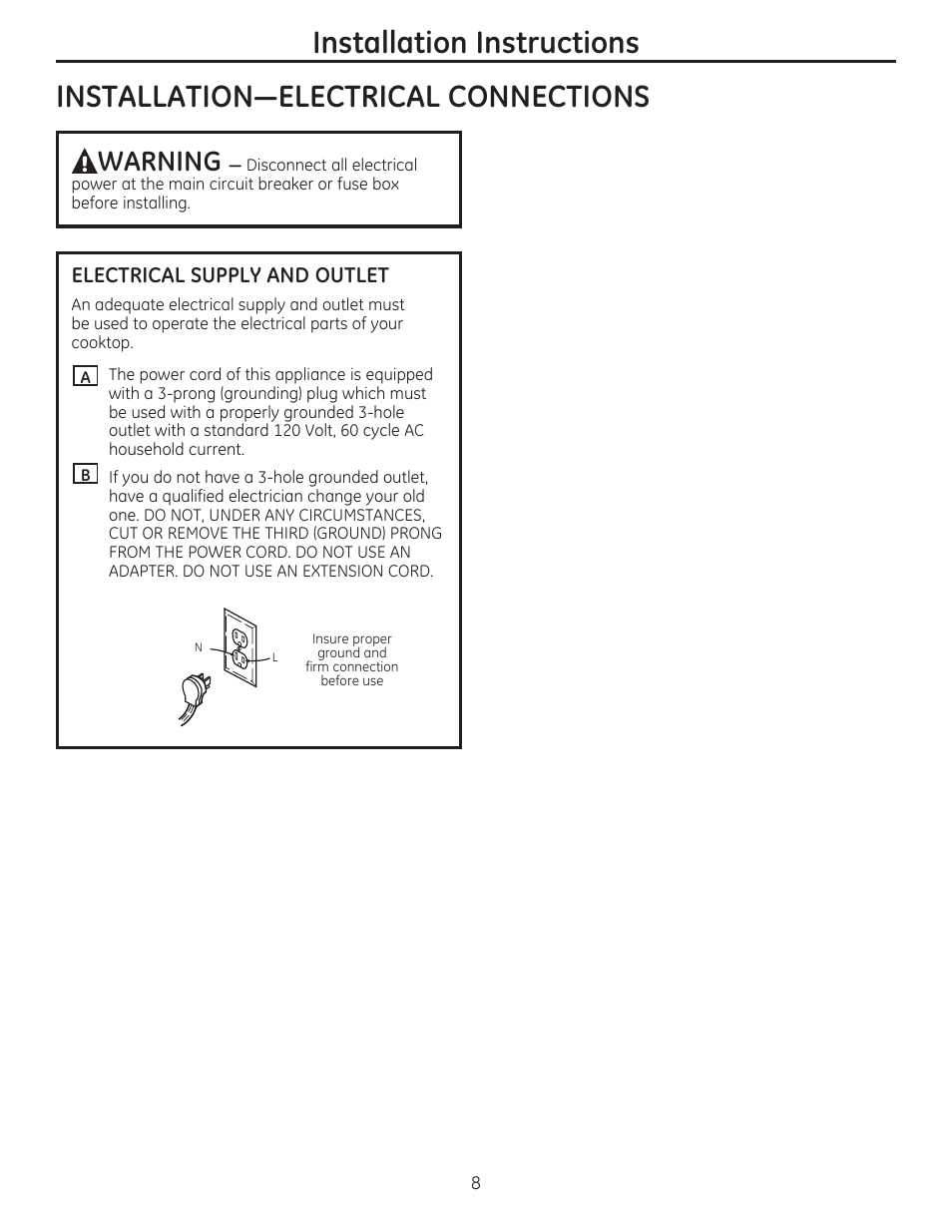 Installation-electrical connections, Electrical supply and outlet, Installation instructions | Installation-electrical connections a, Warning | GE PGP959SETSS User Manual | Page 8 / 48