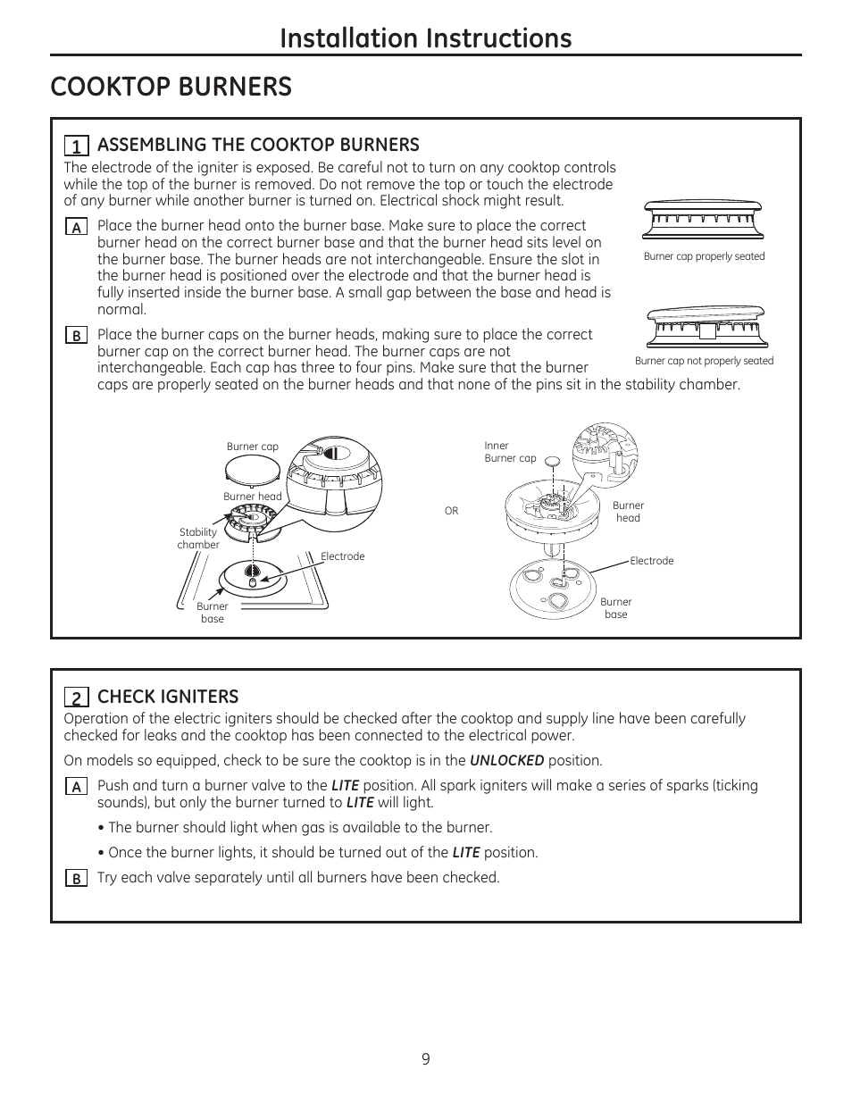 Cooktop burners, It] assembling the cooktop burners, Y\ check igniters | Installation instructions | GE PGP959SETSS User Manual | Page 9 / 48