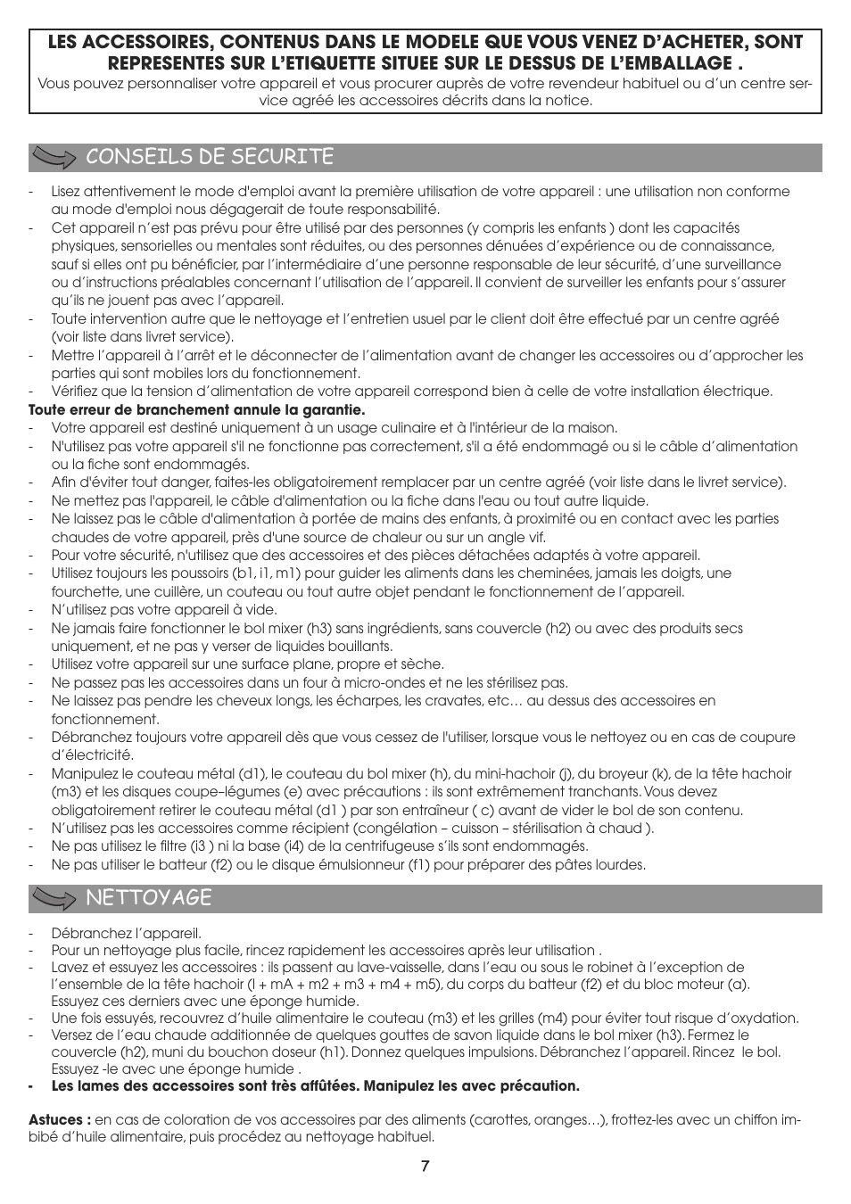 Conseils de securite nettoyage | Moulinex MASTERCHEF 8000 FP657G User Manual | Page 10 / 70