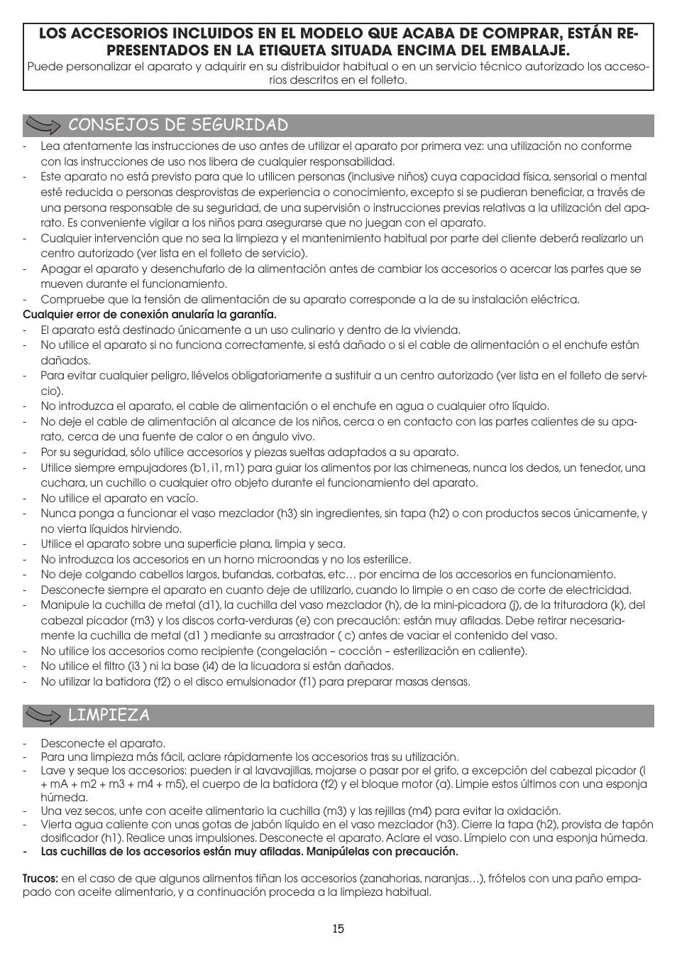 Consejos de seguridad limpieza | Moulinex MASTERCHEF 8000 FP657G User Manual | Page 18 / 70