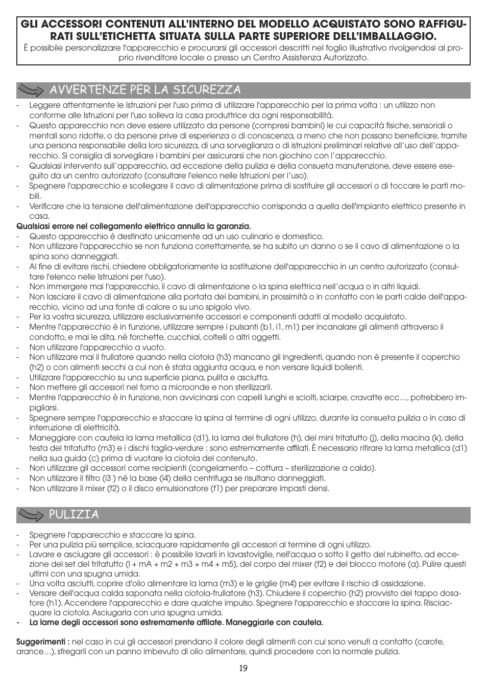 Avvertenze per la sicurezza pulizia | Moulinex MASTERCHEF 8000 FP657G User Manual | Page 22 / 70