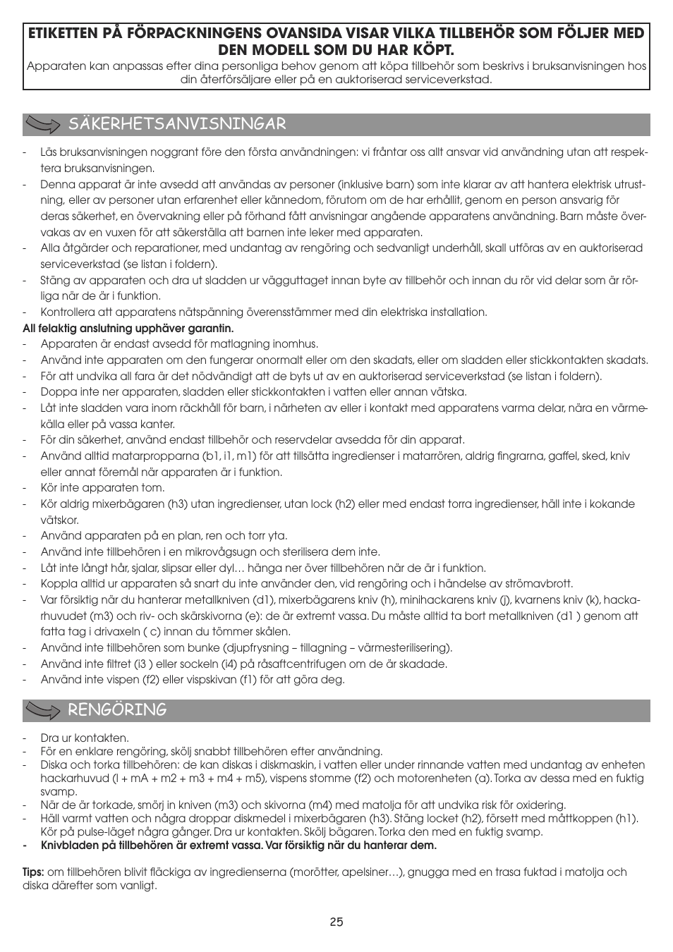 Säkerhetsanvisningar rengöring | Moulinex MASTERCHEF 8000 FP657G User Manual | Page 28 / 70