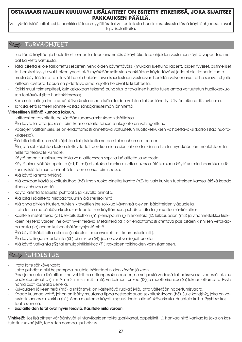 Turvaohjeet puhdistus | Moulinex MASTERCHEF 8000 FP657G User Manual | Page 30 / 70