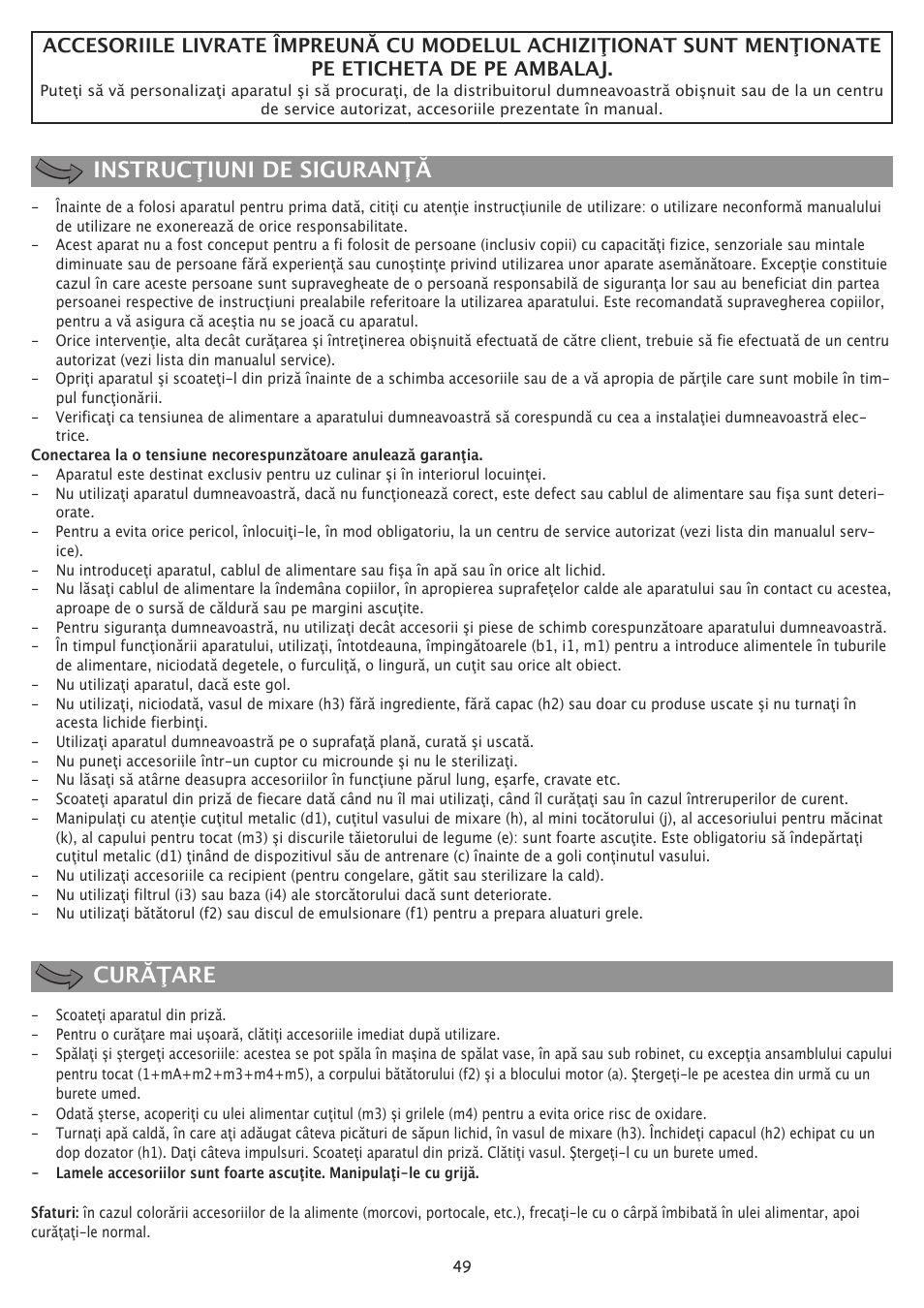Instrucţiuni de siguranţă curăţare | Moulinex MASTERCHEF 8000 FP657G User Manual | Page 52 / 70