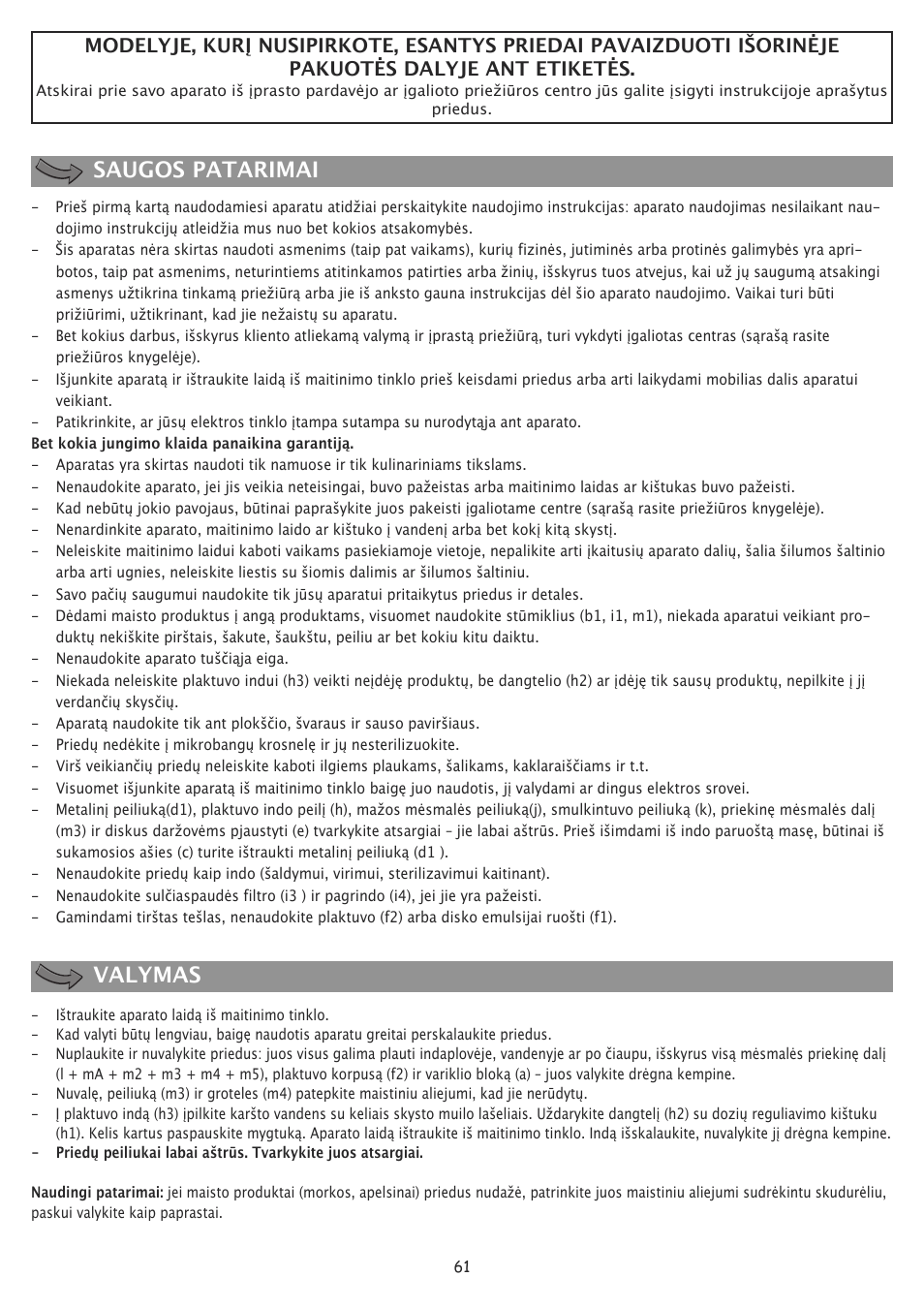 Saugos patarimai valymas | Moulinex MASTERCHEF 8000 FP657G User Manual | Page 64 / 70