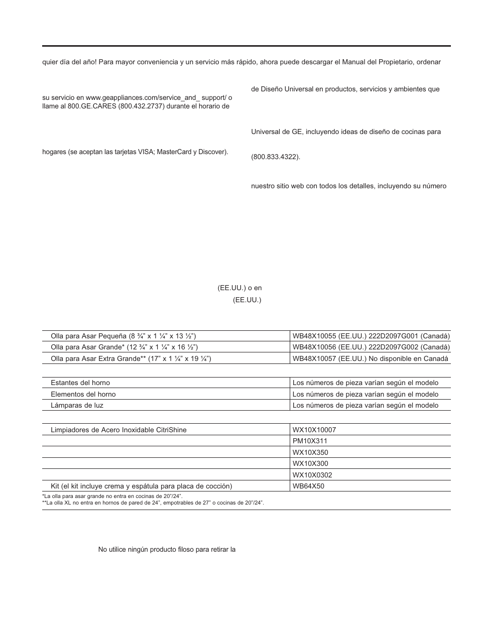 Asistencia / a c cesorios, Accesorios | GE PS920SFSS User Manual | Page 40 / 64