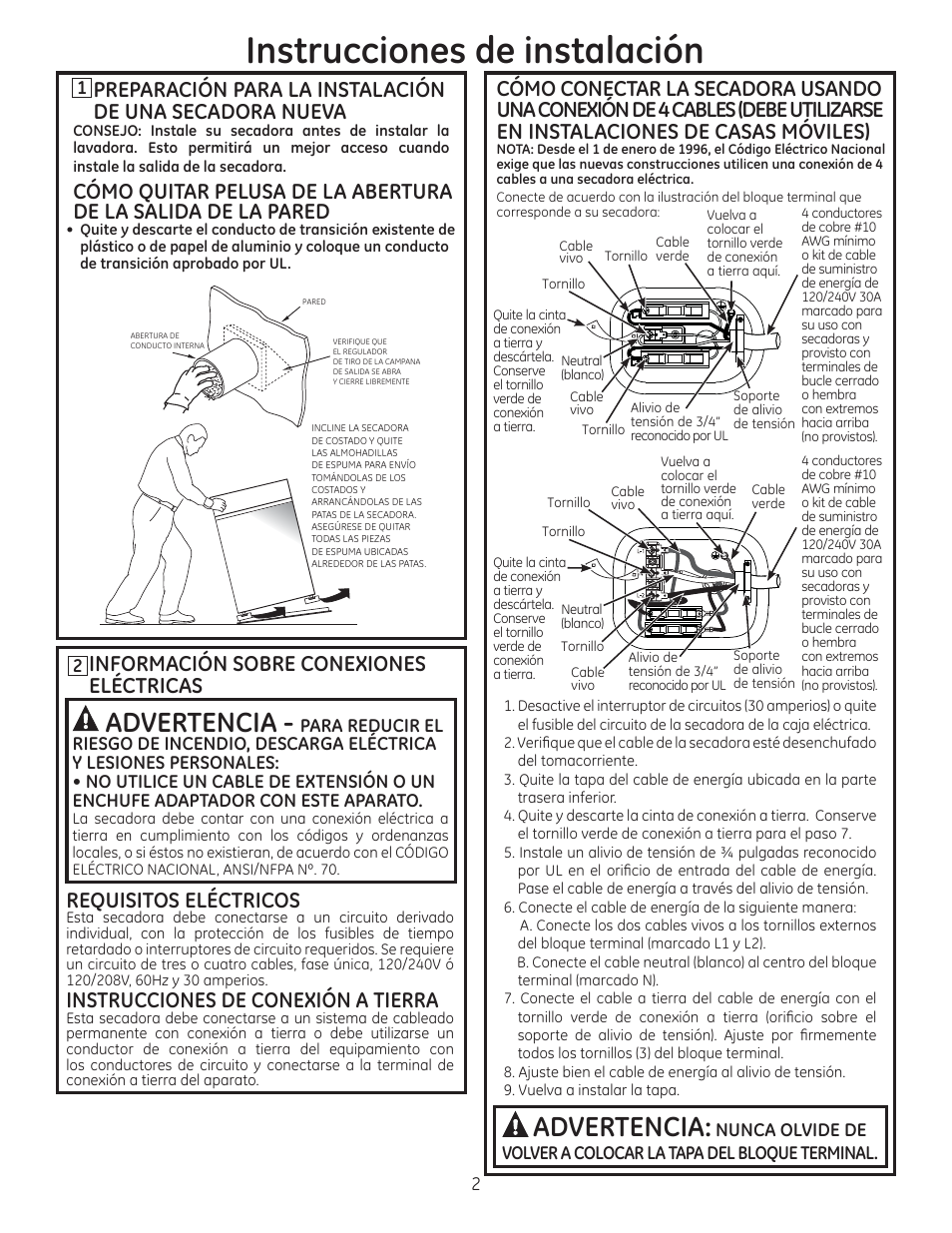 Instrucciones de instalación, Advertencia, Información sobre conexiones eléctricas | Requisitos eléctricos, Instrucciones de conexión a tierra | GE GFDN120EDWW User Manual | Page 10 / 16