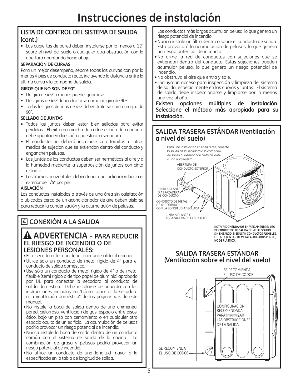 Instrucciones de instalación, Advertencia, Conexión a la salida | Lista de control del sistema de salida (cont.) | GE GFDN120EDWW User Manual | Page 13 / 16