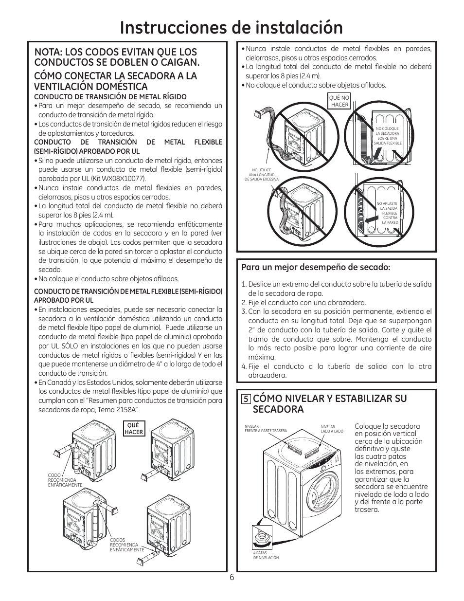 Instrucciones de instalación, Cómo nivelar y estabilizar su secadora, Para un mejor desempeño de secado | GE GFDN120EDWW User Manual | Page 14 / 16