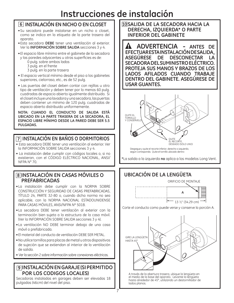 Instrucciones de instalación, Advertencia, Instalación en baños o dormitorios | Instalación en casas móviles o prefabricadas, Ubicación de la lengüeta, Instalación en nicho o en closet | GE GFDN120EDWW User Manual | Page 15 / 16