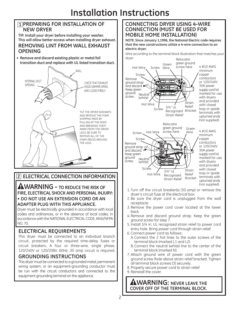 Installation instructions, Warning, Preparing for installation of new dryer | Removing lint from wall exhaust opening, Electrical connection information, Electrical requirements, Grounding instructions | GE GFDN120EDWW User Manual | Page 2 / 16