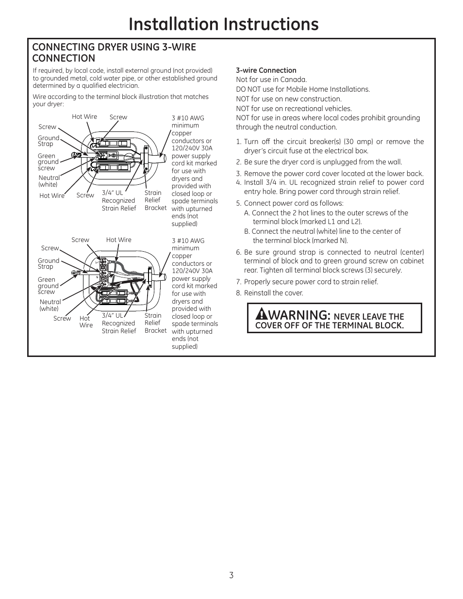 Installation instructions, Warning, Connecting dryer using 3-wire connection | GE GFDN120EDWW User Manual | Page 3 / 16