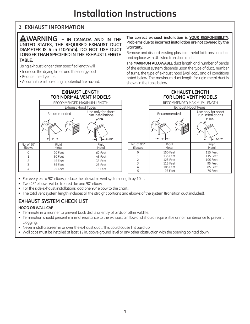 Installation instructions, Warning, Exhaust information | Exhaust system check list, Exhaust length for long vent models, Exhaust length for normal vent models | GE GFDN120EDWW User Manual | Page 4 / 16