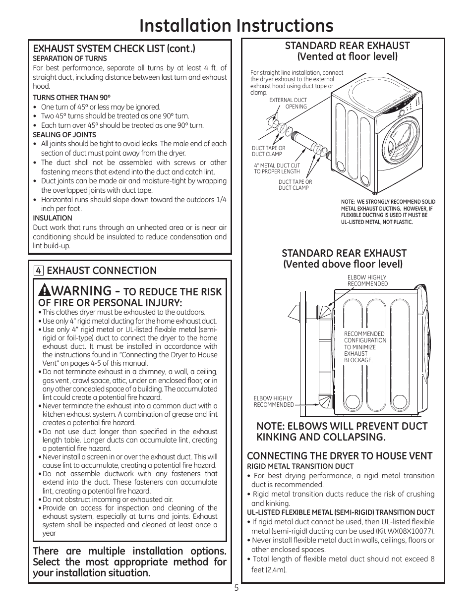 Installation instructions, Warning, Connecting the dryer to house vent | Exhaust system check list (cont.) | GE GFDN120EDWW User Manual | Page 5 / 16