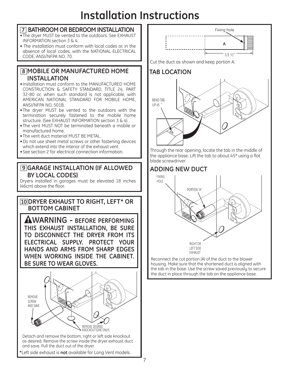 Installation instructions, Warning, Dryer exhaust to right, left* or bottom cabinet | Bathroom or bedroom installation, Mobile or manufactured home installation | GE GFDN120EDWW User Manual | Page 7 / 16