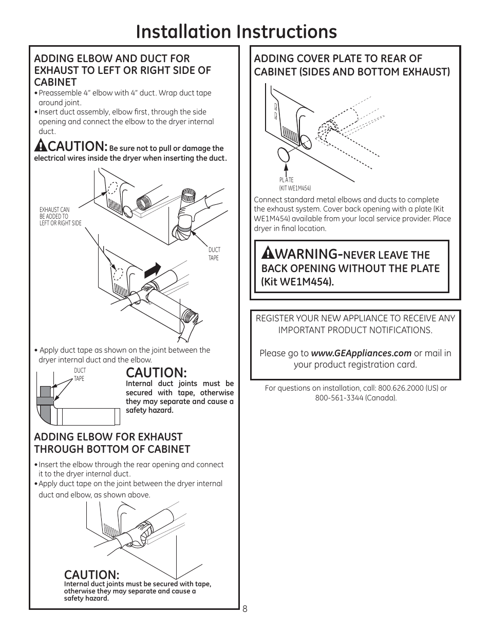 Installation instructions, Caution, Warning | GE GFDN120EDWW User Manual | Page 8 / 16