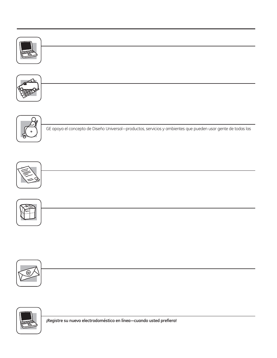 Soporte al consumidor. página web de ge appliances, Solicite una reparación, Garantías ampliadas | Piezas y accesorios, Póngase en contacto con nosotros, Registre su electrodoméstico | GE PT925SNSS User Manual | Page 68 / 68