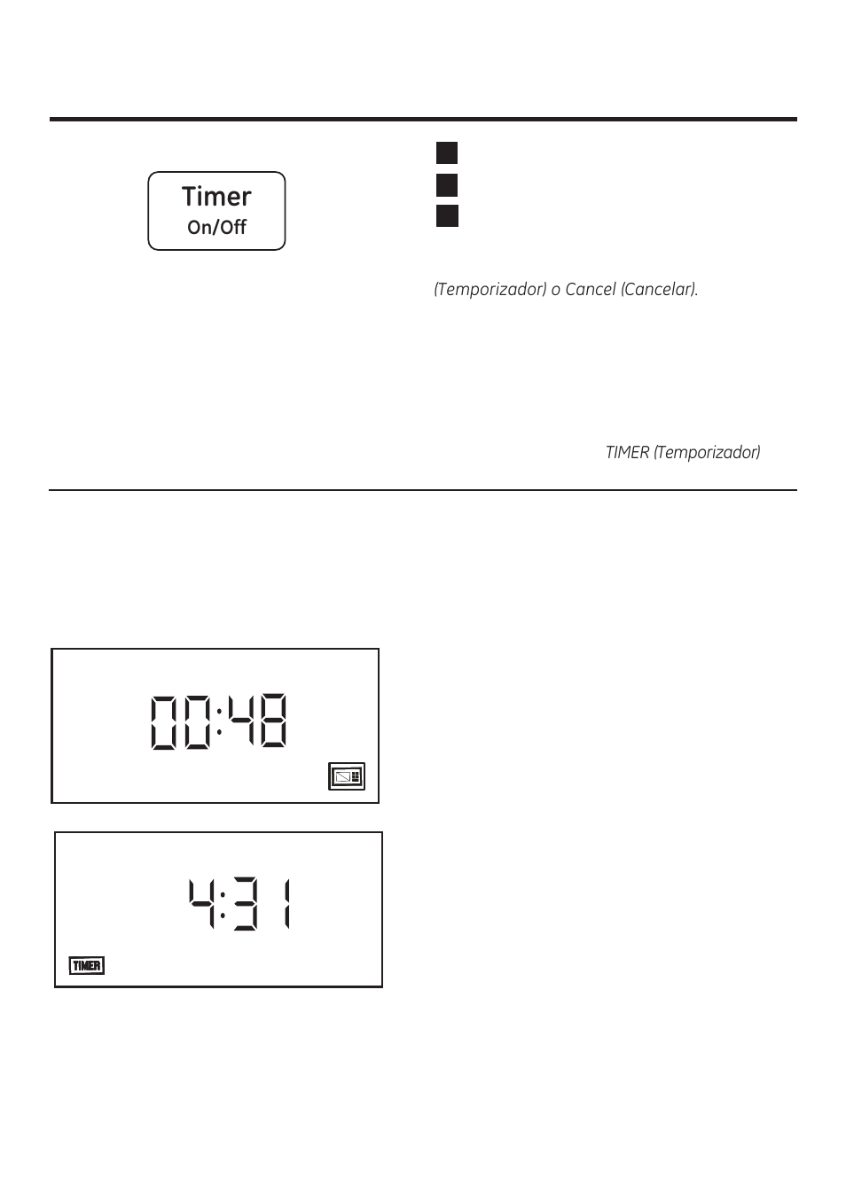 Timer, Temporizador, Pantalla | GE JNM3161RFSS User Manual | Page 47 / 56