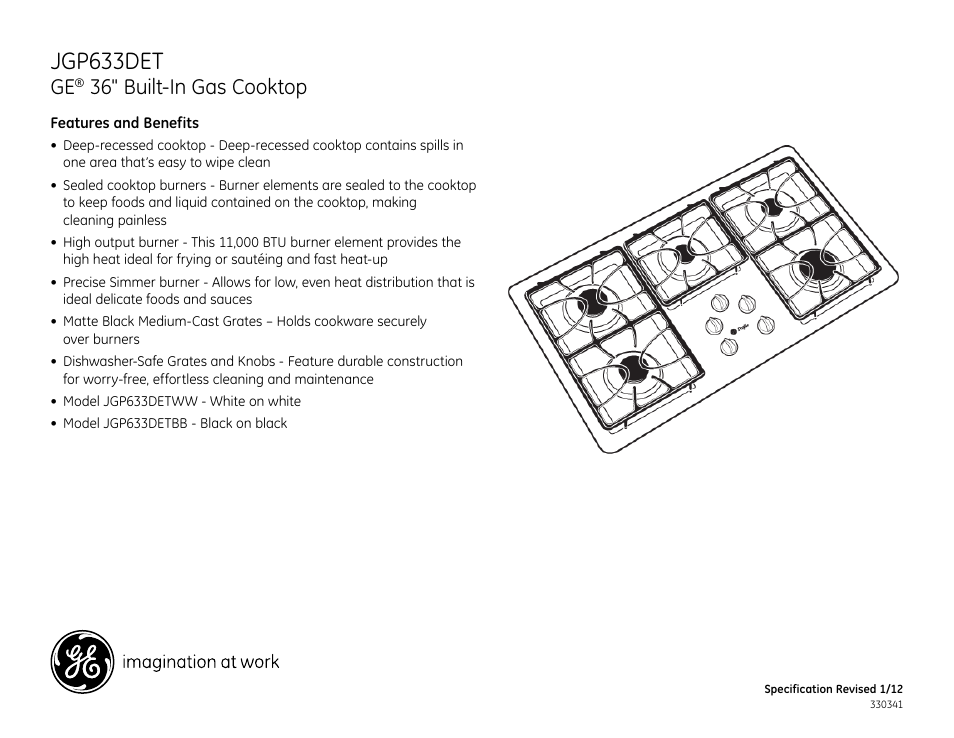 Jgp633det, 36" built-in gas cooktop | GE JGP633DETBB User Manual | Page 2 / 2