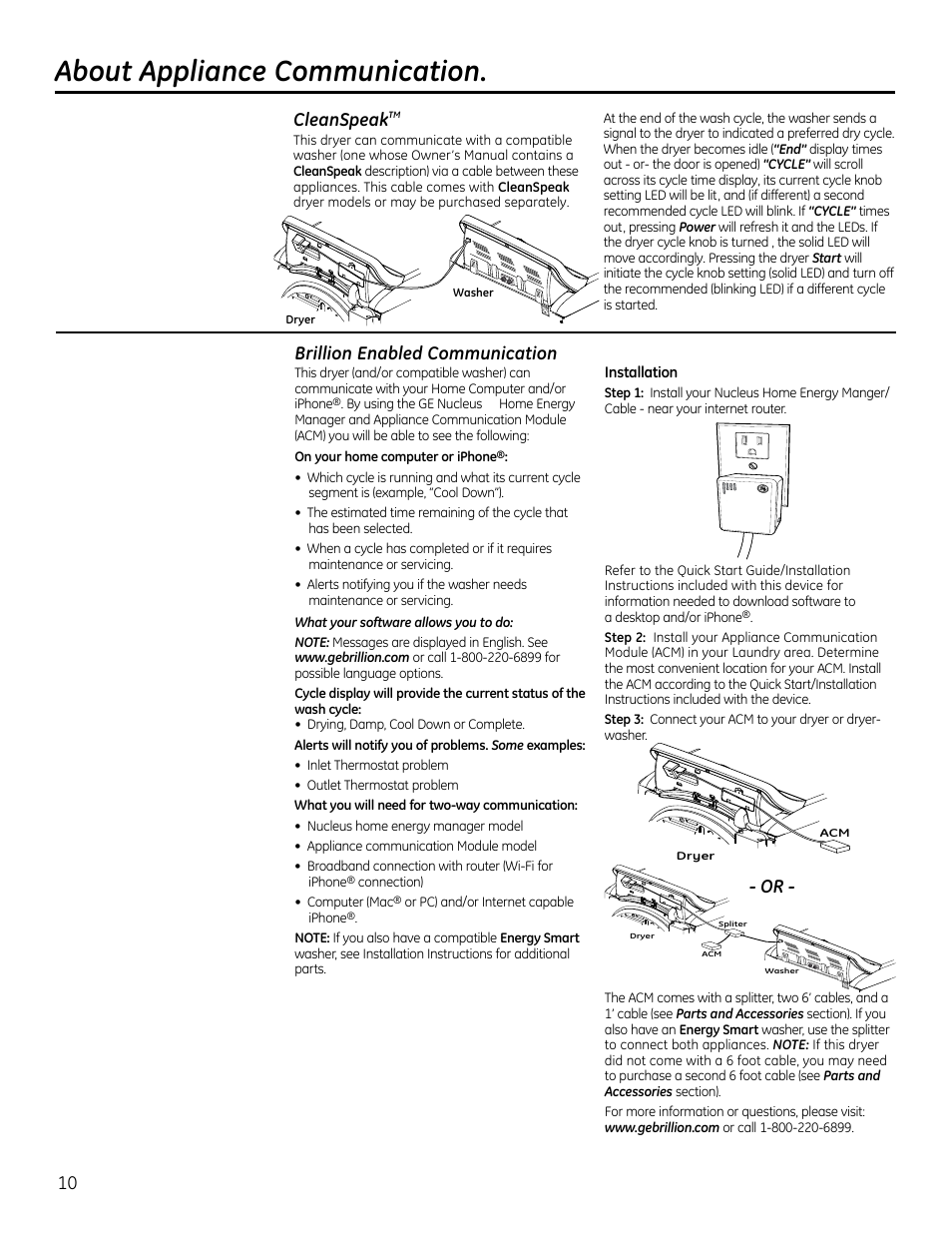 About appliance communication, Cleanspeak, 10 brillion enabled communication | GE GTDS825GDMC User Manual | Page 10 / 36