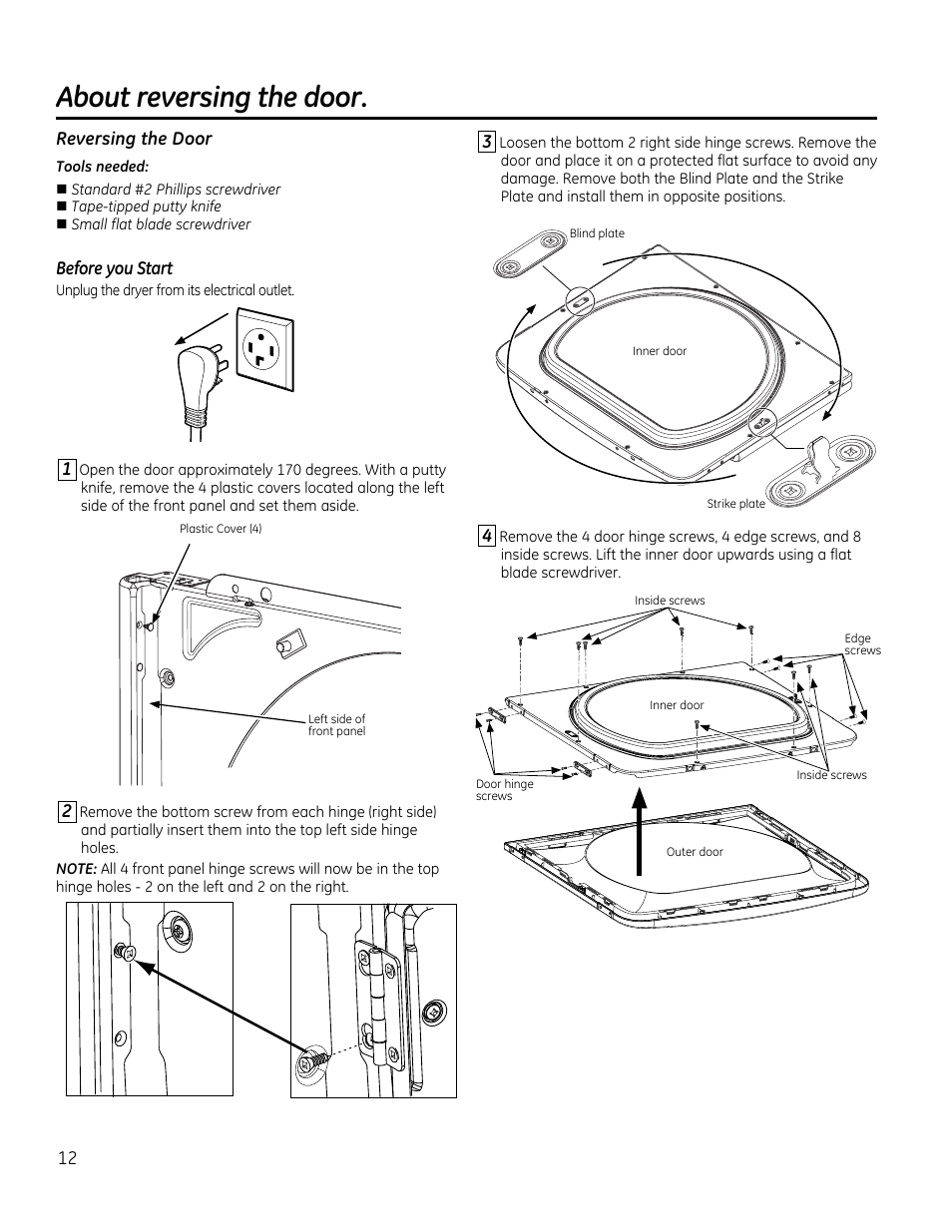 About reversing the door | GE GTDS825GDMC User Manual | Page 12 / 36